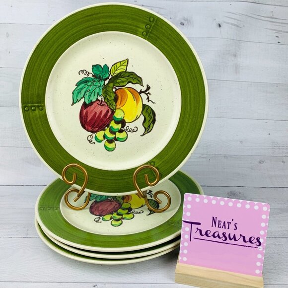 Vintage Metlox Poppytrail Vernon PROVINCIAL FRUIT GREEN Rim Dinner Plates Set 4